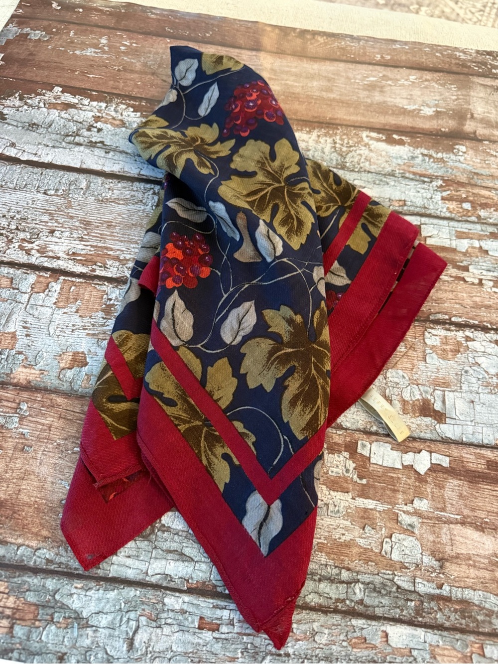 Vintage Perry Ellis Wool Challis Scarf Grape Botanical Navy Burgundy #Fall